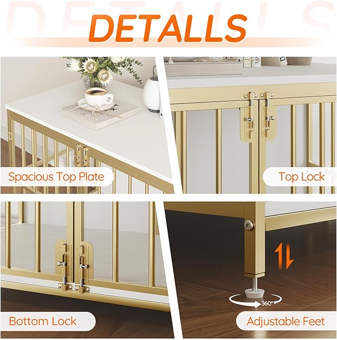 HOOBRO 38.6" Dog Crate Furniture, Wooden Dog Kennel Indoor, Heavy Duty Dog Cage for Small/Medium Dog, Decorative Side End Table, White and Gold DW100GW03