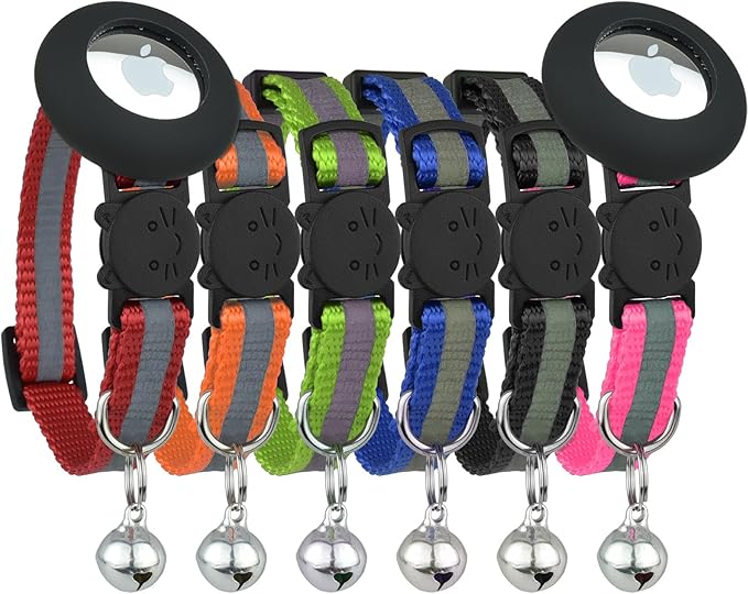Reflective Cat Collar with AirTag Holders, Set of 6, with Bells, Solid & Safe Collars for Cats, Nylon, Mixed Colors, Pet Collar, Air Tag Holder, Breakaway Cat Collars Charms