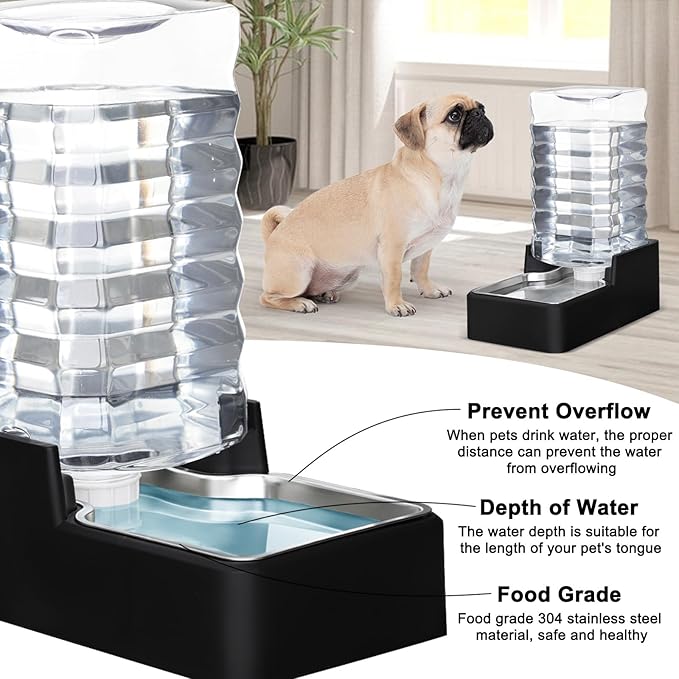 RIZZARI Stainless Steel Pet Water Feeder: 9L Automatic Leak-Proof Gravity Dispenser for Cats Dogs Indoor Outdoor Use（Black Without Filter,9L）