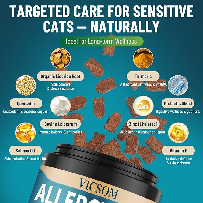 200 Natural Cat Allergy Relief Chews, Cat Itchy Skin Allergy Relief & Immune Support Chews for Seasonal Allergies Cats, Itch Relief for Cats, with Colostrum, Probiotics 1B CFU, Omega-3, Chicken Flavor