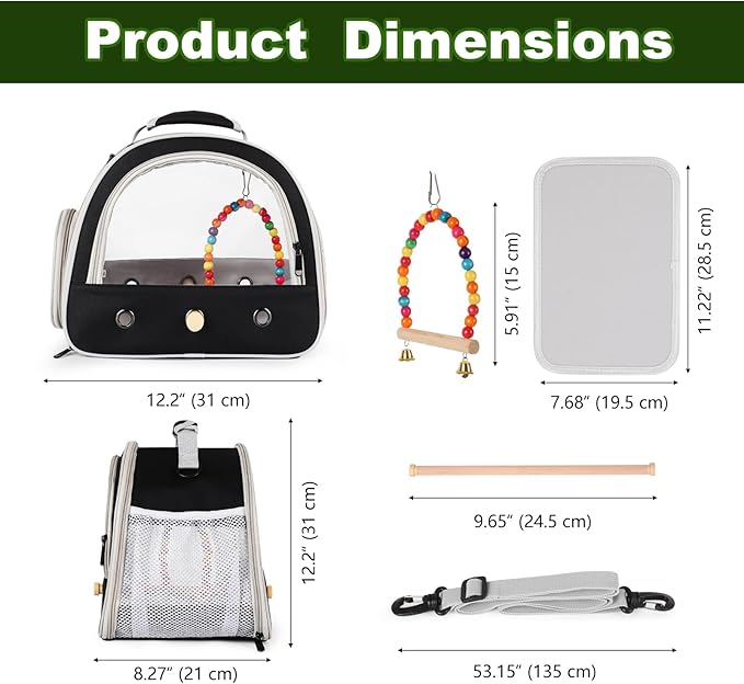 Portable Parrot Travel Cage Carrier with Small Swing Toy&Cage Colorful Toys Set Small Bird Parakeet Bag with Standing Perch Bird Carry Transport Bag (Black, Carreir/Swing)
