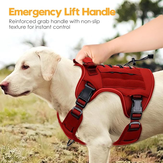Heavy-Duty Tactical Dog Harness for Large Dogs, No Pull Adjustable Reflective Pet Vest with Molle System, K9 Military-Grade Control for Service Training, Outdoor & 10+ Breeds, Red, Large
