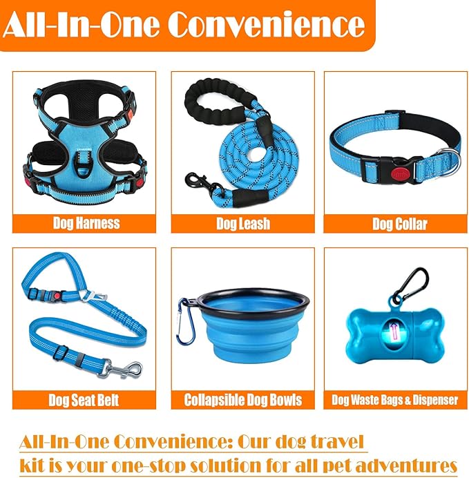 No Pull Dog Harness, Collar & Leash Set | Includes Dog Seat Belt, Collapsible Bowls & Poop Bag Dispenser. Ideal for Training, Walking, Hiking. Fits Small to Large Dogs(Blue-XL)