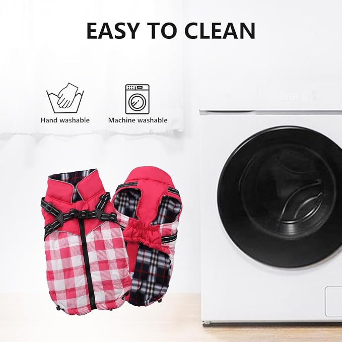 Dog Coat with Harness,Small Dog Winter Coat,Doggie Jackets with Built in Harness,Adjustable Warm Jacket for Medium Large Dogs,Pet Puppy Cold Weather Coats for Dogs Waterproof (PlaidPink, X-Large)