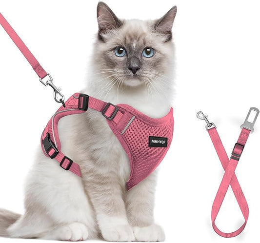 Cat Harness and Leash Set for Walking Escape Proof, Improved Four Place Adjustable Cat Car Harness, Soft Kittens Vest with Reflective Strip for Cats, Comfortable Outdoor Vest, Pink, XS