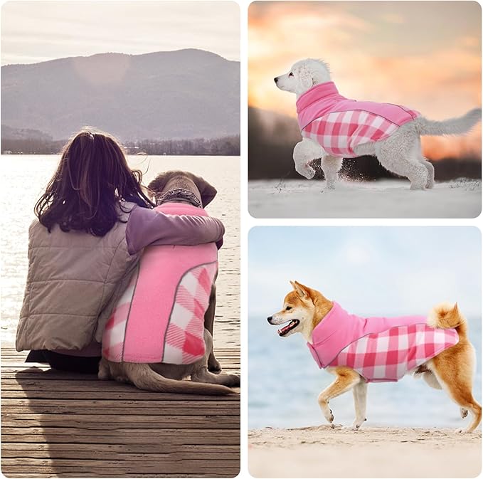 Kuoser Dog Winter Coat, Reversible Waterproof Dog Jacket with Reflective Strip, Warm Dogs Fleece Vest Adjustable Doggy Cold Weather Clothes Plaid Christmas Outfit Pet Apparel for Large Dogs, Pink 2XL