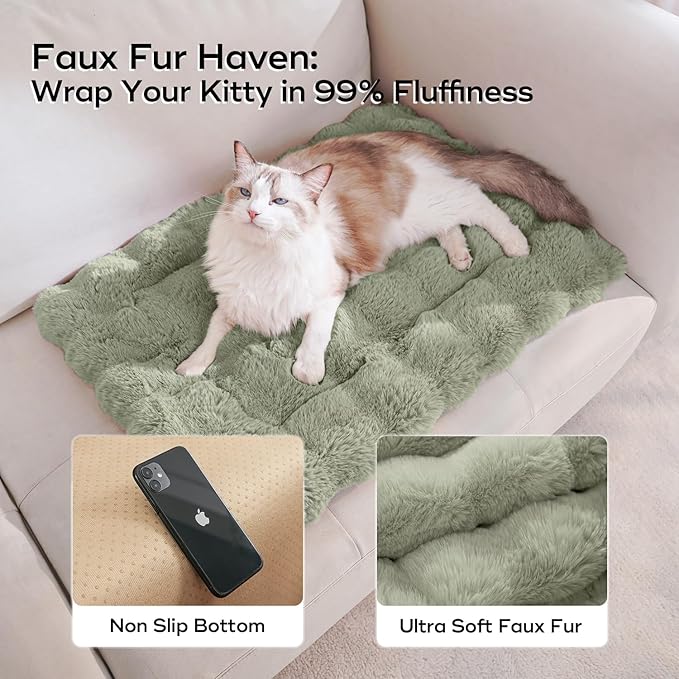 Cat Bed Plush Puppy Pad Mat with Non-Slip Bottom Faux Fur Kitten Beds for Carriers/Floor Dog Friendly 23 x 15 Inch Medium Green