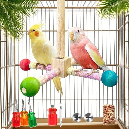 Parakeet Toys, Bird Toy Conure Grass Mat Budgie Shredder Hanging Set Cockatiel Foraging Toys Parrot Climbing WallToy Lovebird Cage Accessories for Small Birds (360 Spinning Toy)