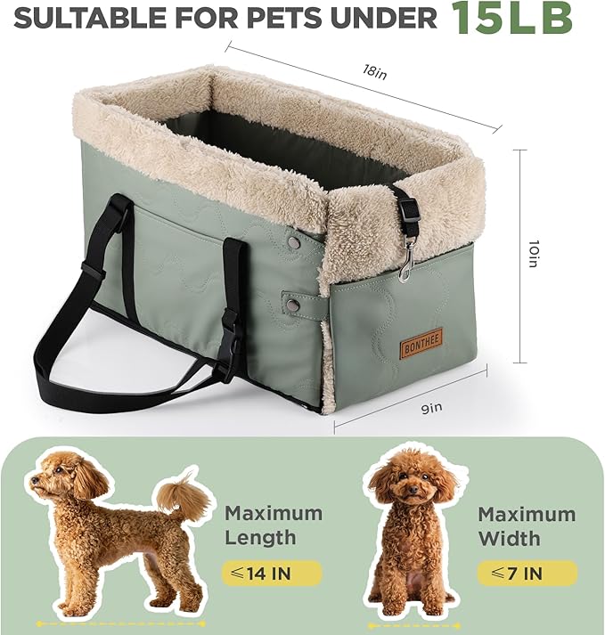 Center Console Dog Car Seat for Small Dogs,PU Leather Small Dog Car Booster Seat,Washable Foldable with Safe Protection Hooks Adjustable Straps and Storage Pocket Pet Up to 15lbs-Green