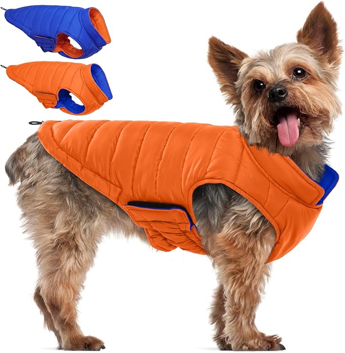 QBLEEV Reversible Dog Puffer Coat, Warm Orange Vest for Dogs, Waterproof Windproof Padded Jacket for Small Dogs, Adjustable Puppy Winter Coats, S Snow Cold Weather Coats for Chihuahua Yorkie