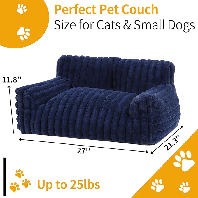 Extra Wide Fluffy Cat Bed, Small Dog Bed with Bone Shaped Pillow, Anti-Anxiety Pet Couch with Washable Cover, Blue