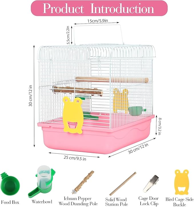 Small Bird Cage, Lightweight Travel Birdcages for Cockatiels - Cage Starter Kit with Stand Accessories for Parakeets Parrot Lovebirds Parrotlets Finches Canaries and More Small Animals, Pink