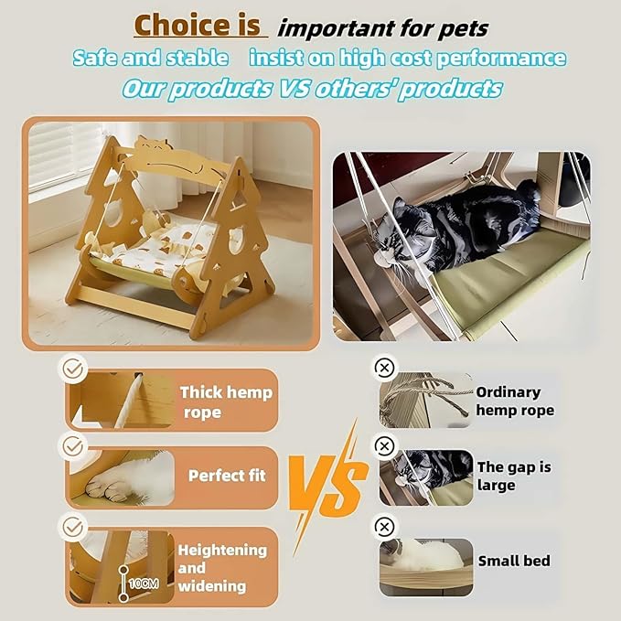 2 in 1 Wooden Cat Hammock, Comfortable and Breathable Hanging Cat Bed with Soft Mattress and Pillow，Suitable for Cats or Small Dogs