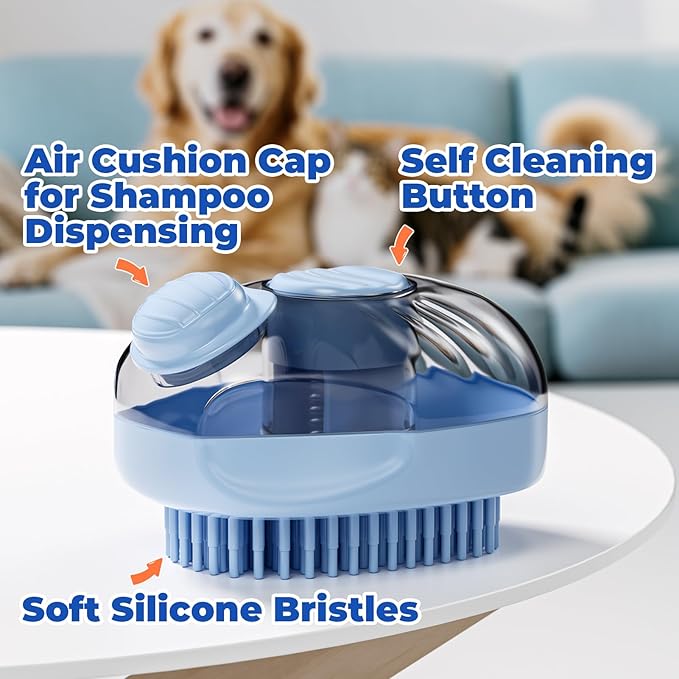JIGA Cat Brush, Dog Bath Brush with Shampoo Dispensing, Dog Brush for Shedding with Self Cleaning, Dog Grooming Supplies, Blue