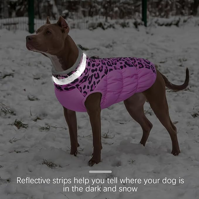 FUAMEY Dog Coat for Large Dogs,Waterproof Dog Winter Jacket with Harness Built in Puppy Cold Weather Coats Reflective Pet Vest with Zipper Warm Fleece Dogs Snowsuit Windproof Pink Leopard L