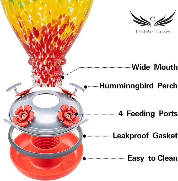 Hummingbird Feeders, 34OZ Hand Blown Glass Hummingbird Feeder for Outdoors Hanging with Ant MoatHooks, Perfect for Gardening Yard Patio Decor Gifts (Rainbow)