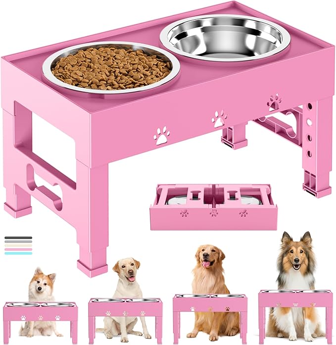 Elevated Dog Bowls with 2 Stainless Steel Bowls, Raised Dog Food Bowl Stand 5 Height Adjustable (3.1", 9", 10", 11", 12") Non-Slip Feeder Set for Medium and Large Dogs - Pink