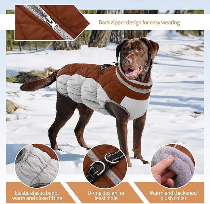 Dog Jackets for Large Dogs, Large Dog Winter Coat, Pet Cold Weather Coats, XXXL Pet Jacket with D-Ring, Waterproof Coat with Back Zipper,Snowsuit Labrador German Shepherd Doberman,Brown,XXXL