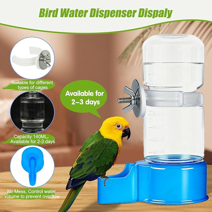 BWOGUE Automatic Bird Water Dispenser, 4.73 Fl Oz Parakeet Water Dispenser for Cage No Mess Suspended Bird Water Feeder for Cockatiel Budgie Conure Lovebirds