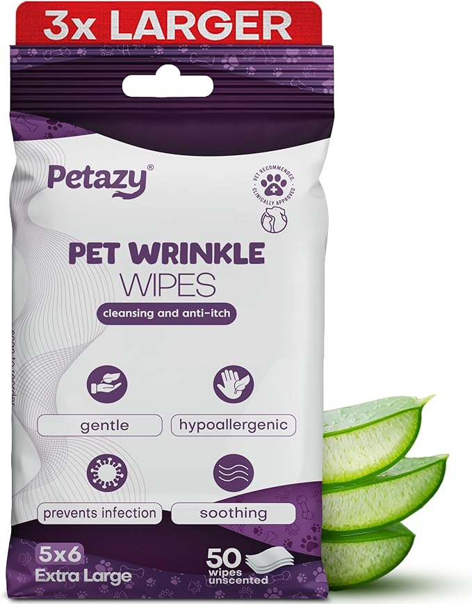 Wrinkle Wipes for Dogs 50 Count | 3X Larger Dog Face Wipes for French Bulldog and Pug - Cleanse Skin Folds, Tear Stains, Tail Pockets | Anti-Itch, Soothing, & Hypoallergenic with Coconut Oil