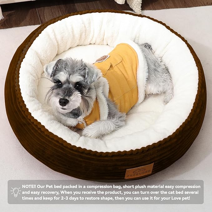 23in Round Cat Dog Bed for Large Medium Small Dogs Cats, Machine Washable Sleeping Sofa, Non-Slip Bottom Breathable Soft Calming Pet Cuddler for Indoor/Outdoor/Car/Cage, Brown
