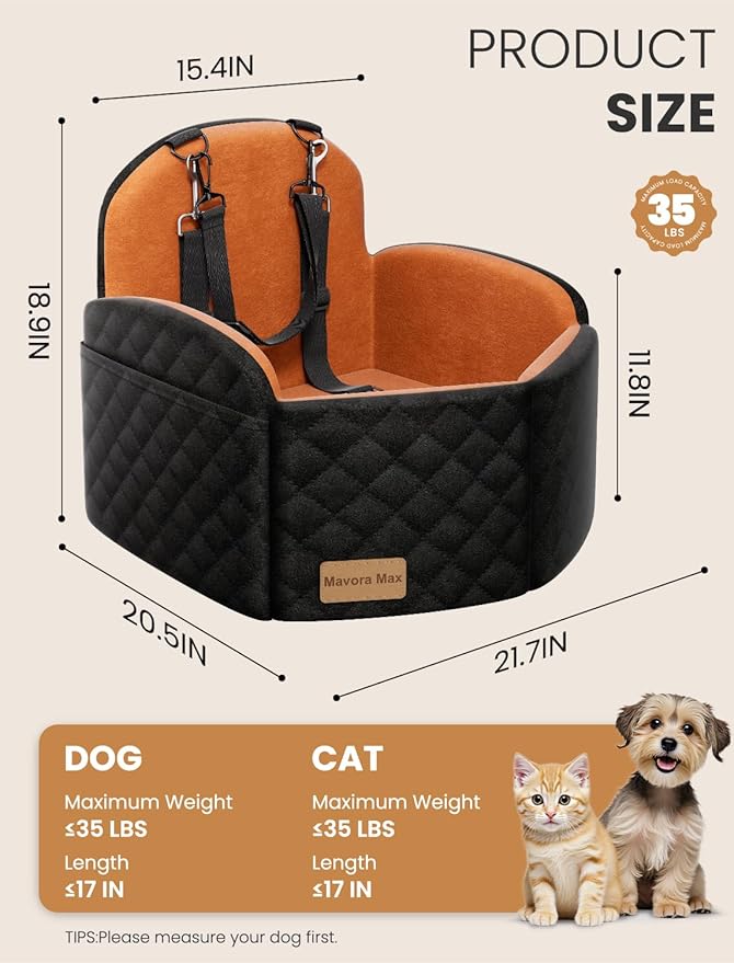 (Up to 35lbs Small/Medium Dog Car Seat Booster Dog Seat for Car Portable with Adjustable Seatbelts Pet Travel Car Bed Seat for SUV, Truck, with Memory Foam Cushion (Black/Brown)