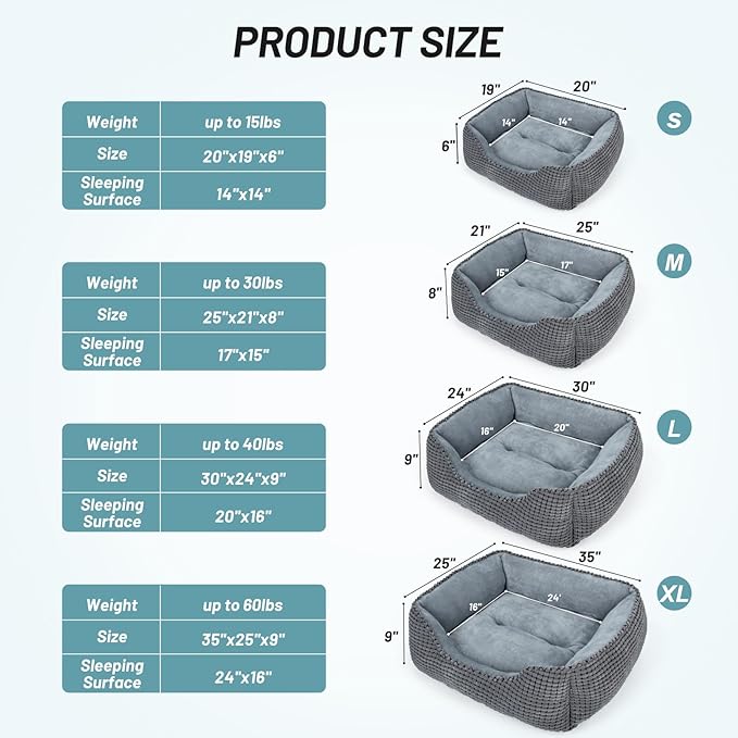 MIXJOY Dog Bed for Large Medium Small Dogs, Rectangle Washable Sleeping Puppy Bed, Soft Calming Cat Beds for Indoor Cats, Orthopedic Pet Sofa Bed, Anti-Slip Bottom with Multiple Size (20'', Grey)