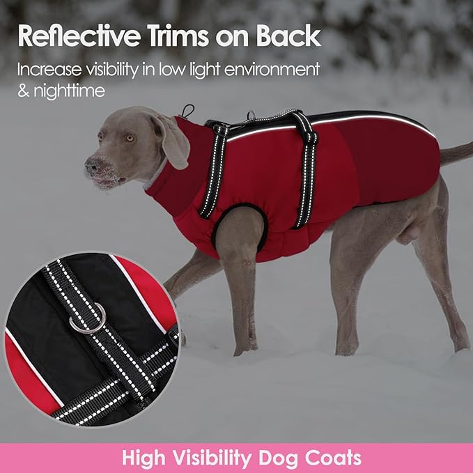 AOFITEE Dog Coat for Large Dogs, Waterproof Dog Winter Jacket with Built in Harness, Warm Turtleneck Cold Weather Coats Large, Reflective Fleece Lined Snow Jacket for French Bulldog, Boston Terrier, L