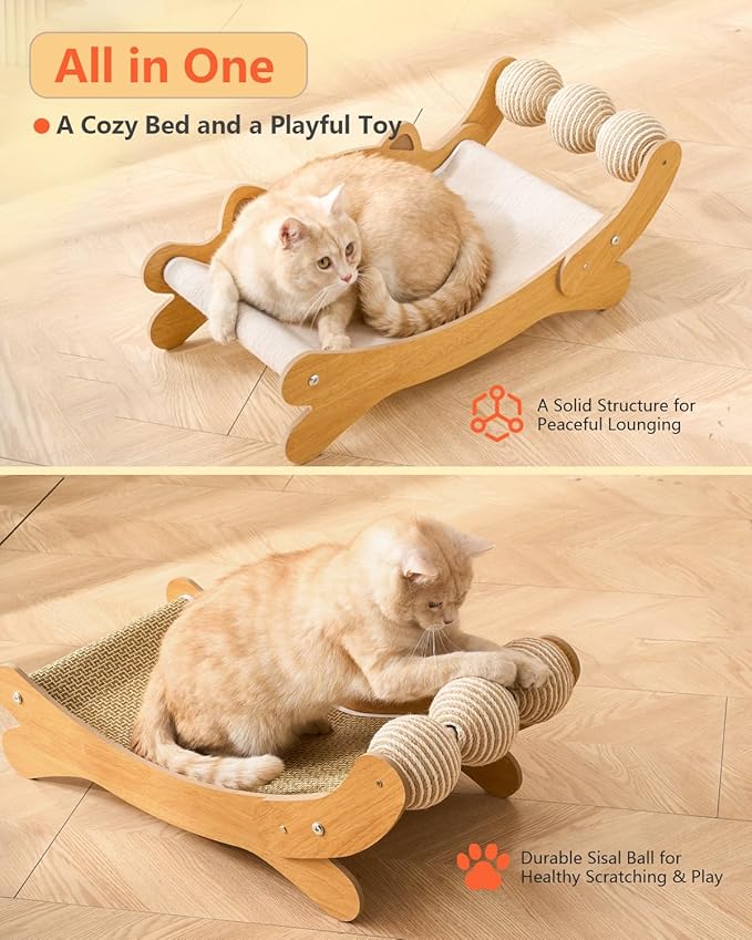 Cat Scratcher,Scratching Post,and Hammocks with Sisal Ball Toys Wooden Cat Beds & Furniture are Sturdy and Durable for All Types of Cats to Play and Relax Indoors