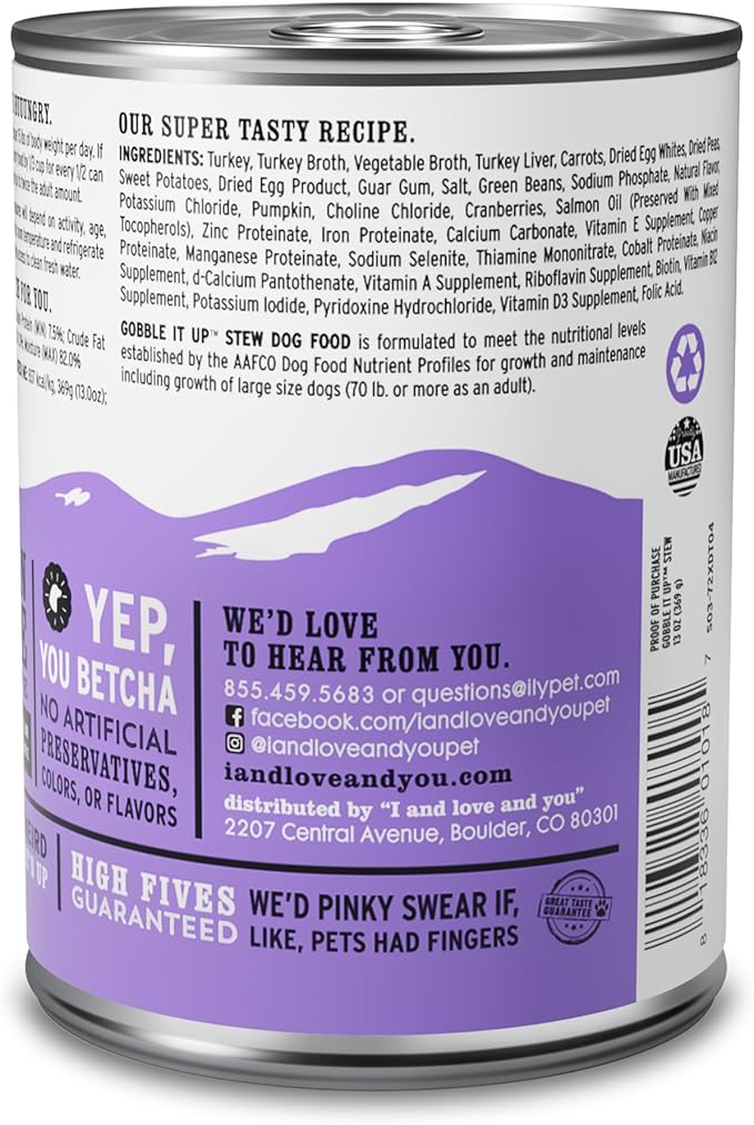 I AND LOVE AND YOU Wet Dog Food - Gobble It Up Stew - Turkey Recipe, Grain Free, Filler Free 13oz can, 12pk
