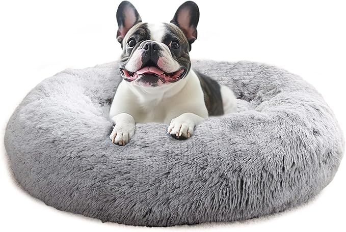 JOLLYVOGUE Medium Calming Dog Bed, Anti-Anxiety Donut Cuddler Cat Bed with Anti-Slip Bottom, Fluffy Faux Fur Machine Washable Pet Cushion for Medium Large Dog & Cat, 31"/Smoke Gray