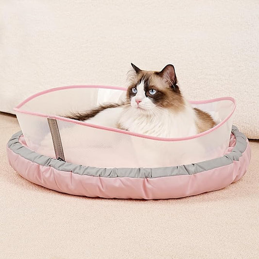 Cat Bed Kitten Bed, Round Donut Pet Bed Gift for Cats, Puppy, Small Dog, Calming Fluffy Cat Couch Sofa with Hard Protective Shieldfor Indoor Outdoor (Pink，21 Inches)