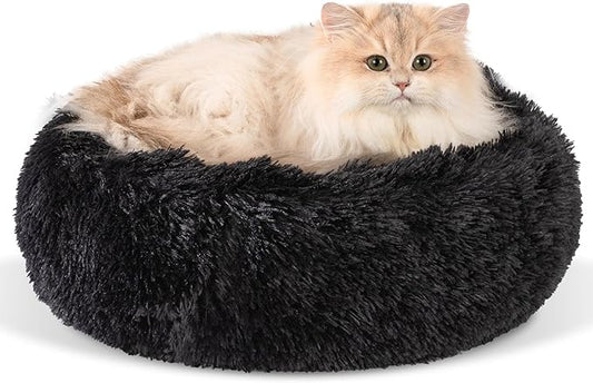 Dog Calming Beds for Small Medium Large Dogs - Round Donut Washable Puppy Dog Bed, Anti-Slip Faux Fur Fluffy Donut Cuddle Anxiety Cat Pet Bed(16'' Black)