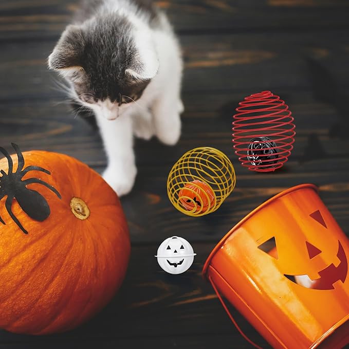Jecery 5 Pcs Halloween Cat Spring Balls Toys Stretchable Rolling Balls Colorful Playful Coils Interactive Spring Action Toy Caged Rats for Kitten Cat Pet Supplies(Bell,Halloween Colors,5 Pcs)