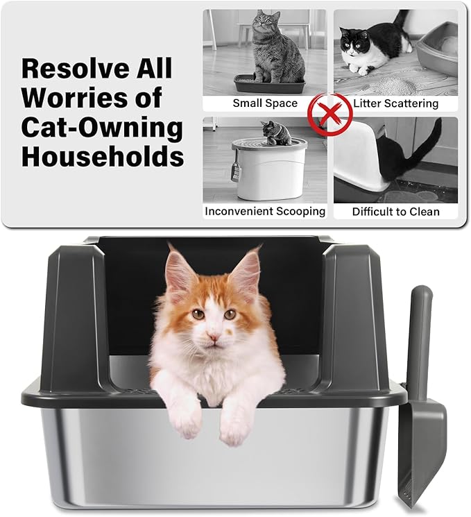 Stainless Steel Cat Litter Box XXXL-Extra Large 28"x20.5"x14" Metal Litter Box High Sides for Big Cats&Multiple Cats, Cat Litters Boxes with lid Easy to Clean, No Odor, Anti-Urine Leakage