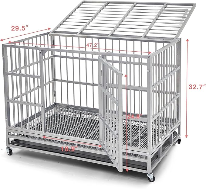 Heavy Duty Indestructible XL Dog Crate Steel Escape Proof, Indoor Double Door High Anxiety Cage (48-Inch-Silver)