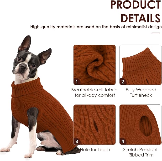 AOFITEE Dog Sweaters for Large Dogs, Stretchy Turtleneck Dogs Sweater for Christmas, Warm Dog Knitwear for Fall Winter, Pet Sweater with Harness Hole for Boston Terrier, French Bulldog, Brickred L
