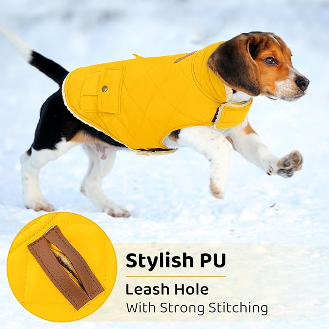 Queenmore Dog Winter Coat Warm Puffer Jacket Waterproof Plush Lining Thermal Cold Weather Vest for Small Medium Large Dogs, Windproof Easy On Pet Jacket Yellow S