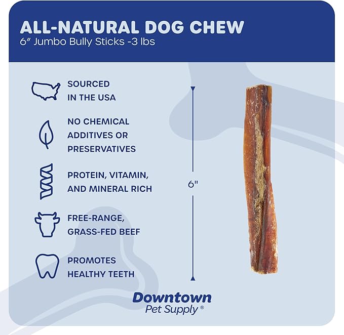 Downtown Pet Supply USA-Made 6", 3 Lb. Jumbo Bully Sticks for Large Dogs - Rawhide Free Dog Chews Long Lasting and Non-Splintering - Single Ingredient, Low Odor Bully Sticks for Medium Dogs