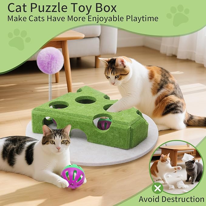 Interactive Felt Cat Toy Box for Indoor Cats,Puzzle Toy with 3 bell Balls & Spring Teaser Pet Games Self Play Fun Exercise Hide Seek Moving Cat Toy for Bored Cats Encourages Hunting Instincts (Green)