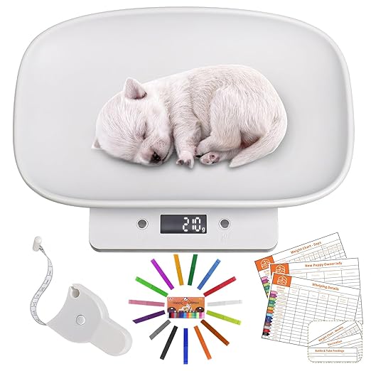 Digital Small Animals Scales for Weighing with Tape Measure, Puppy Whelping Scale Weigh Your Kitten, Rabbit with High Precision, Inclue 15 Color Newborn Puppy Collars and 6 Record Keeping Charts