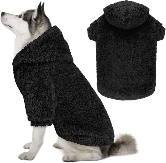 Fuzzy Dog Sweaters for Large Dogs Soft Double-Sided Plush Fleece Pet Sweater Clothes Pet Coats Dog Hoodie Sherpa Hooded Sweatshirt(Black-XXL)