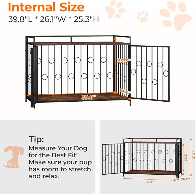 Heavy Duty 42 Inch Dog Crate with Table Top, Chew Proof Waterproof Furniture Style Kennel for Large Dogs, Indoor Wooden Finish Metal Cage Pet Home