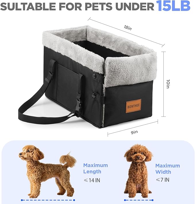 Center Console Dog Car Seat for Small Dogs,Washable Foldable Console Booster Seat for Puppy Car Seat with Safe Protection Hooks Adjustable Straps and Storage Pocket Pet Up to15lbs