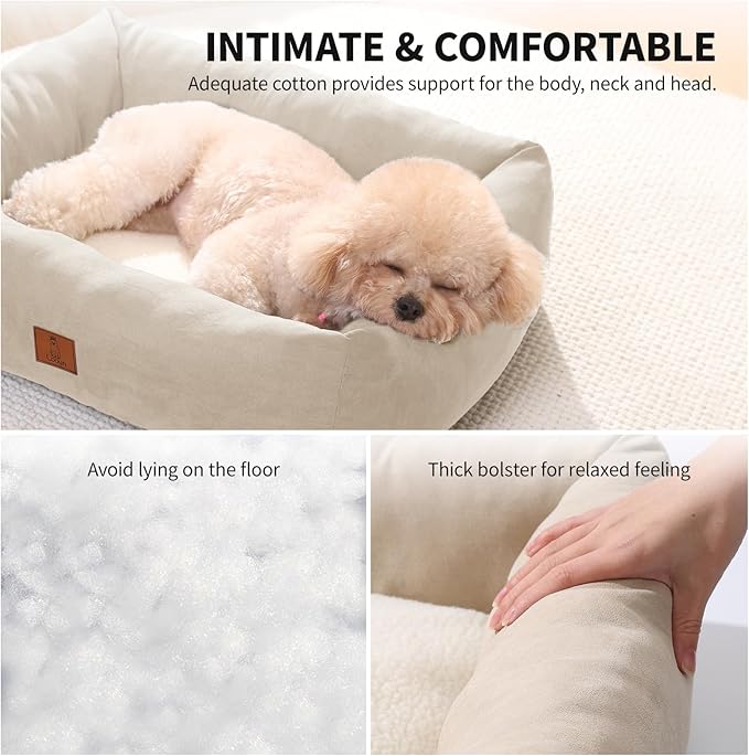 25In Dog Bed for Small Medium Sized Dogs - Washable Rectangle Puppy Bed for Indoor, Cozy Pet Bed with Support Pillow & Non-Slip Bottom(Beige, Medium)