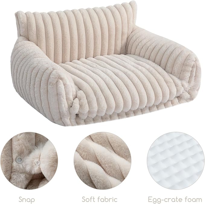 Hollypet Cat Bed Fluffy Plush Mutifuctional Double-Layer Soft Pet Couch Orthopedic Sofa Nest Beds for Small Cats and Dogs, Cream (25x20x13 inch)