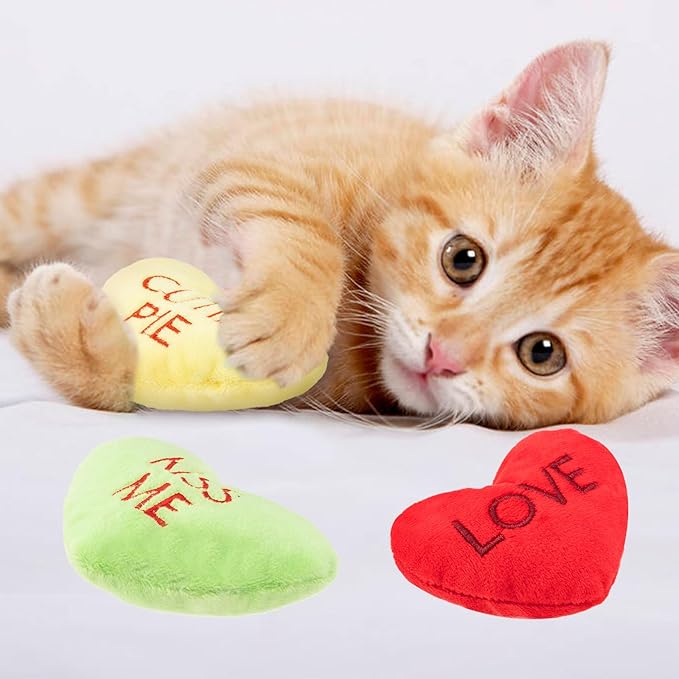 6pcs Valentine's Day Heart Catnip Toy，Valentines Indoor Heart Shaped Cat Toy Plush Interactive Chew Bite Toys for Cat Kitten Indoor Festive Holiday Cat Lover Gift