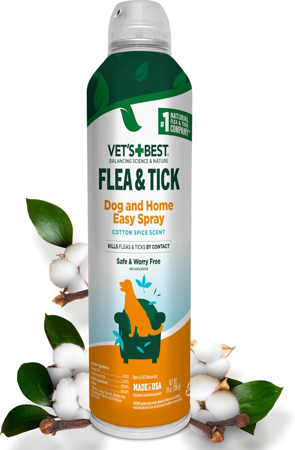Vet's Best Natural Flea and Tick Easy Spray for Dogs – Cotton Spice Scent – Natural Flea & Tick Prevention – Kills Pests on Contact – Plant-Based Formula – Made in USA – 14 oz