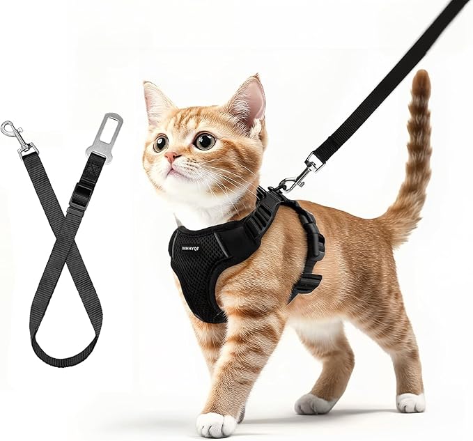 Cat Harness and Leash Set for Walking Escape Proof, Improved Four Place Adjustable Cat Car Harness, Soft Kittens Vest with Reflective Strip for Cats, Comfortable Outdoor Vest, Black, XS