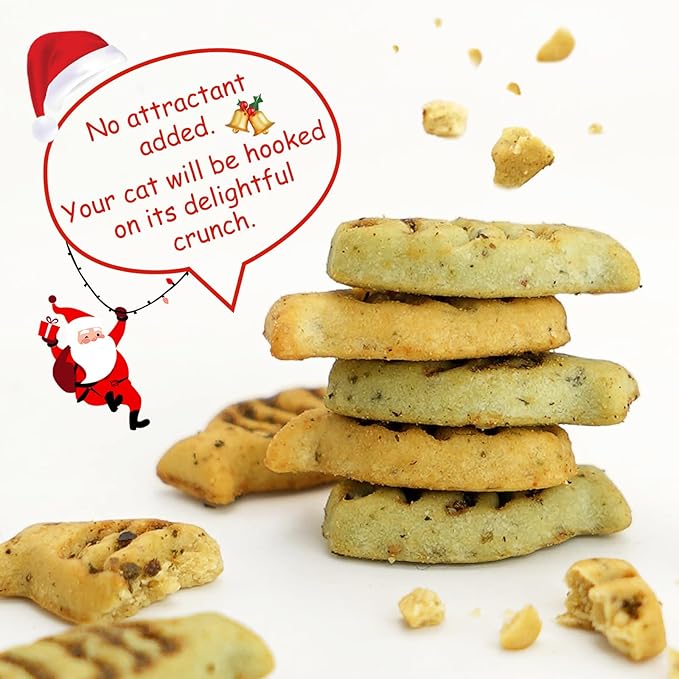 Christmas Catnip Cat Treats, Chicken and Salmon Flavor, Cat Gifts for Christmas, Crunchy Fish Shape Adult Biscuits, 16 oz